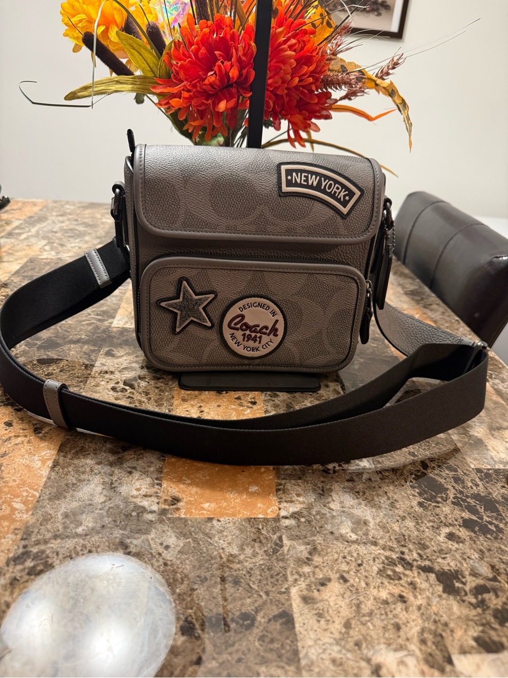 Coach Gray Canvas Messenger Bag with Patches
